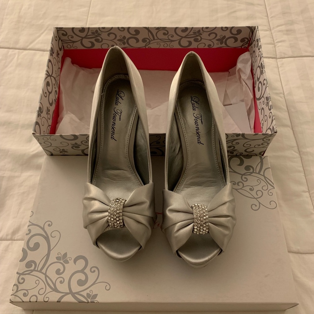Silver Satin Peep Toe Heels